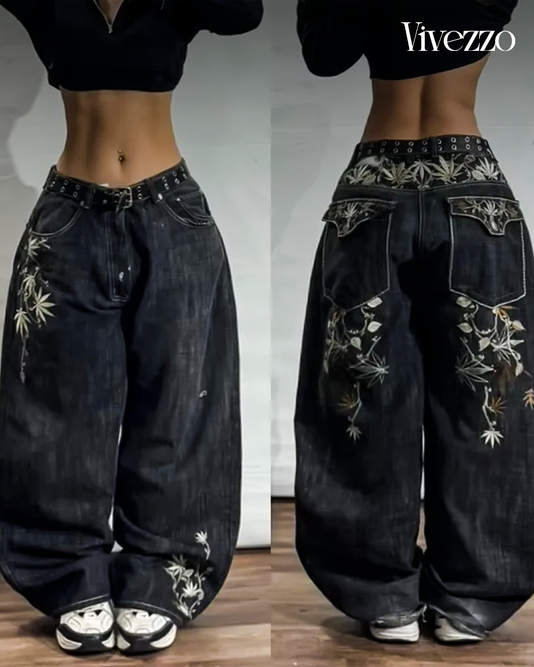 Code Pattern - Embroidered wide-leg jeans with modern geometric design