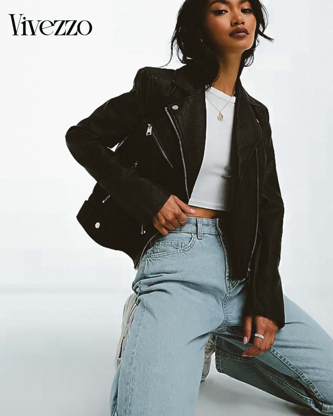 Chic Faux Leather Biker Jacket with Belt | Vivezzo