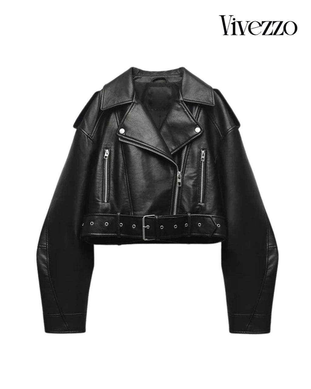 Chic Faux Leather Biker Jacket with Belt | Vivezzo