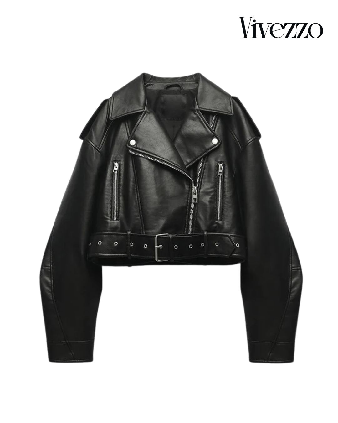 Chic Faux Leather Biker Jacket with Belt | Vivezzo