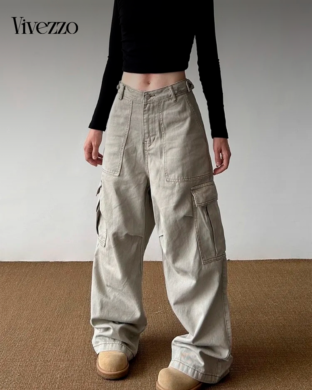 The Khaki Drop - Y2K-style khaki cargo jeans with wide fit and utilitarian vibe.