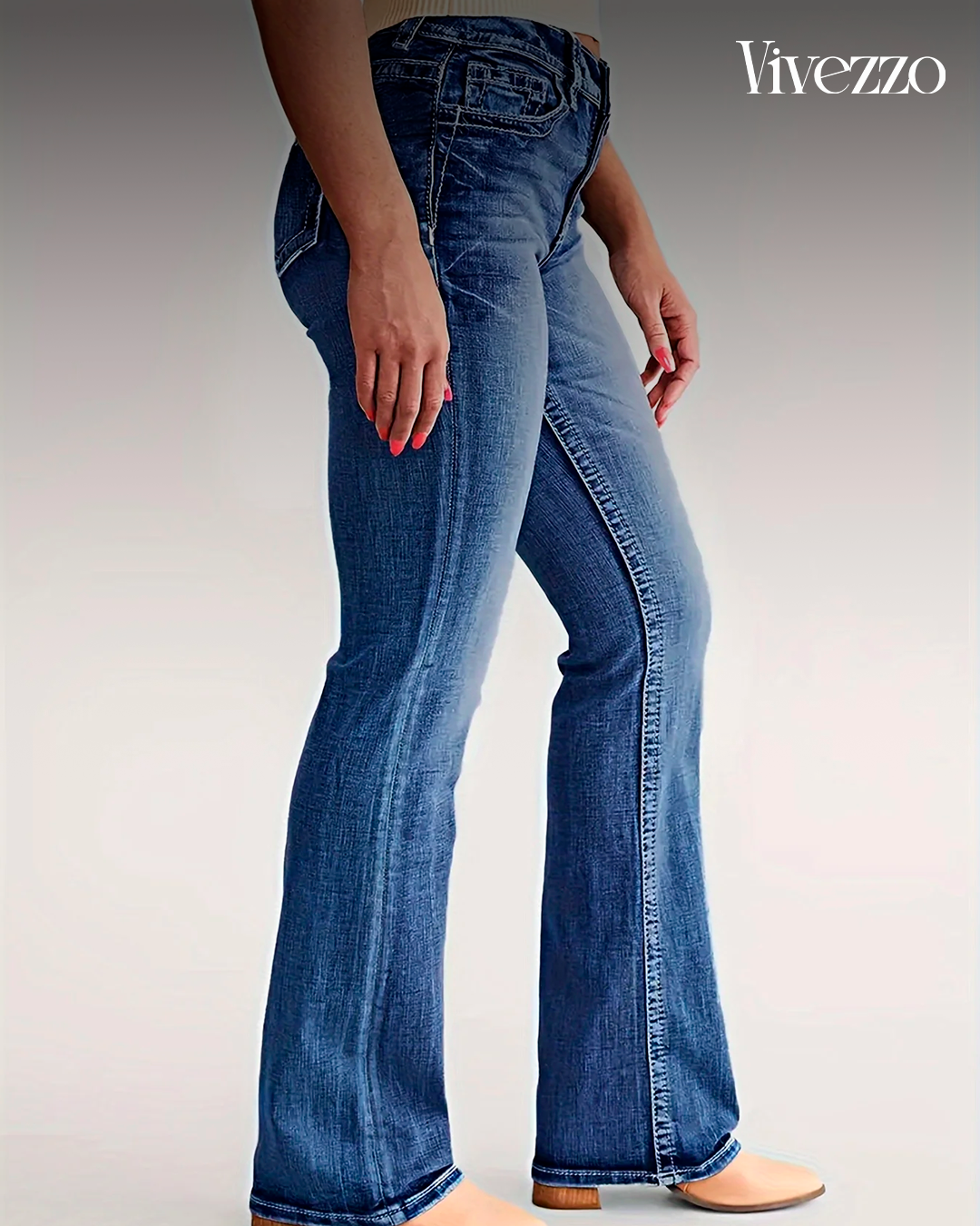 Mid-Rise Flared Stretch Denim - Vivezzo