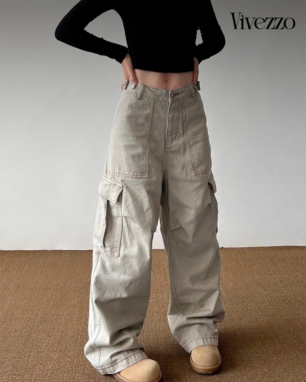 The Khaki Drop - Y2K-style khaki cargo jeans with wide fit and utilitarian vibe.