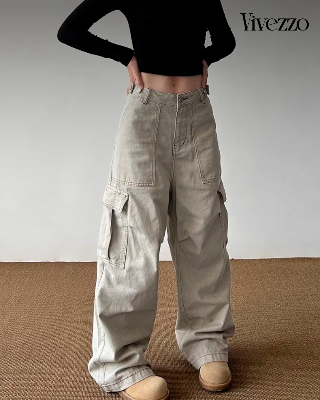 The Khaki Drop - Y2K-style khaki cargo jeans with wide fit and utilitarian vibe.