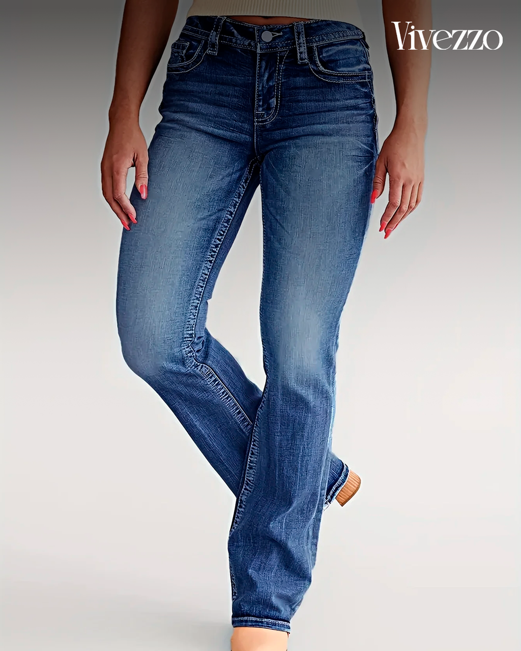 Mid-Rise Flared Stretch Denim - Vivezzo