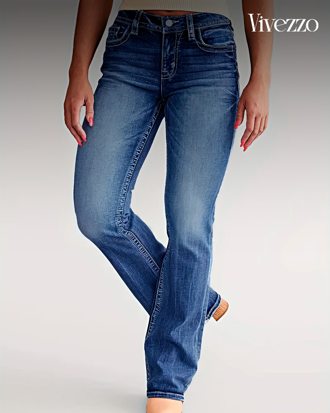 Mid-Rise Flared Stretch Denim - Vivezzo