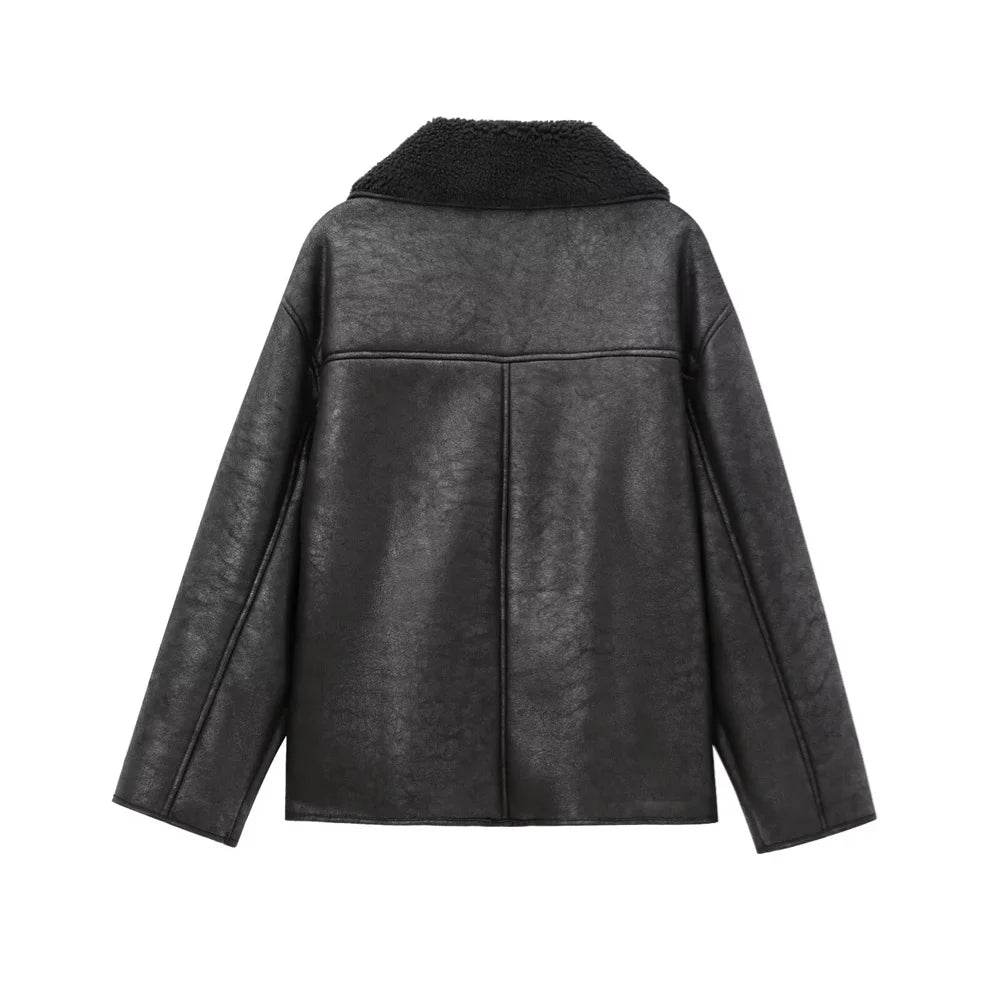 UNIZERA Pocket Decor Single breasted Warm Coat Autumn/Winter Fleece Collar Long Sleeve Women's Jacket Coat
