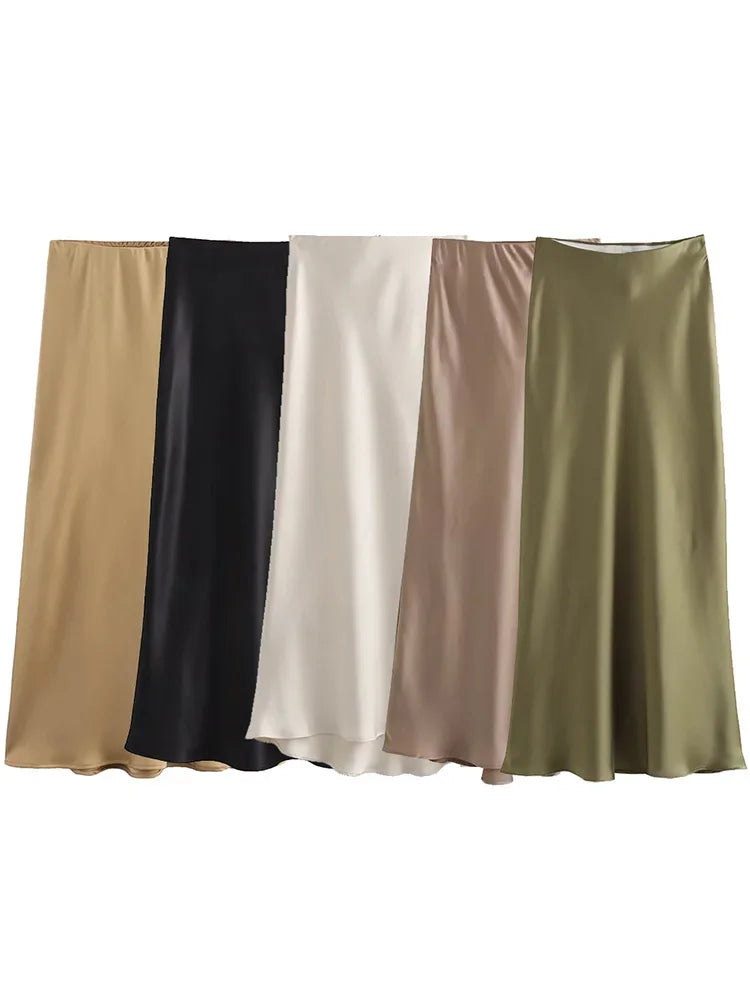 Summer Elegant Satin Midi Skirt – High Waist Office & Casual Style | Vivezzo