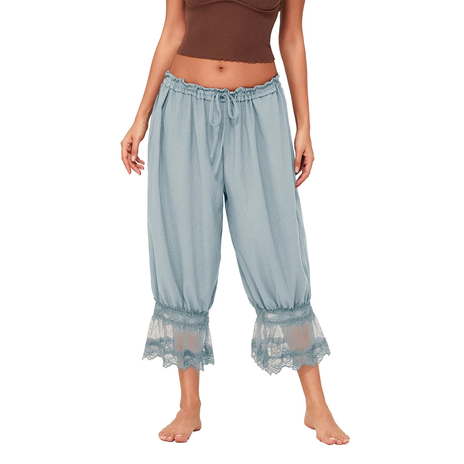 Combhasaki Women's Y2K Loose Fit Bloomers Cropped Pants Drawstring High Waist Floral Lace Patchwork Calf-Length Lantern Trousers