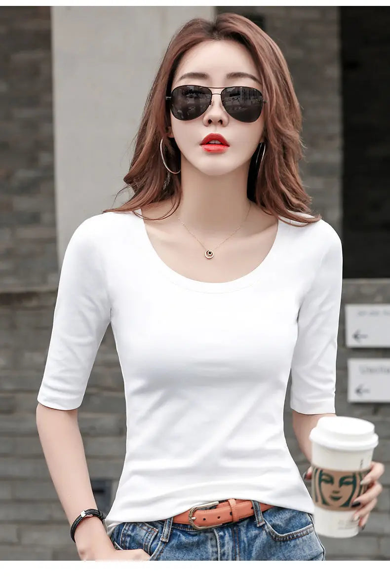 White Mid-Sleeve Fitted Tee | Vivezzo