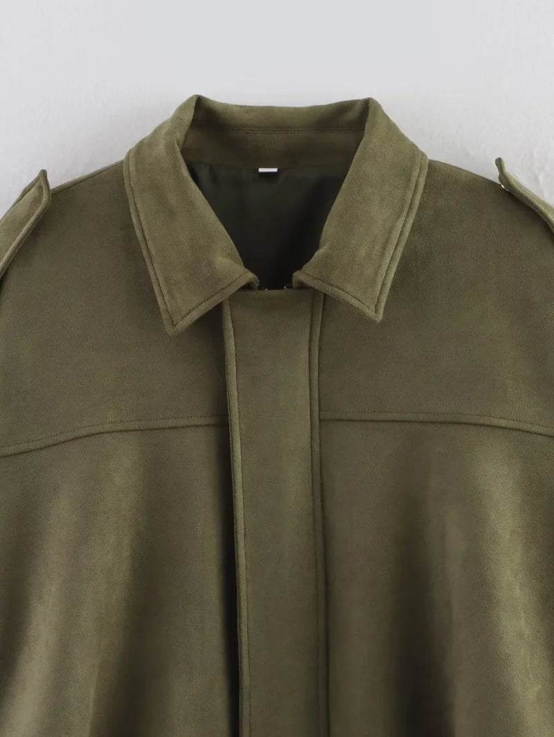 ETJ 2025 TRAF Spring new women's suede texture effect Loose version of fashion lapel shoulder bomber jacket