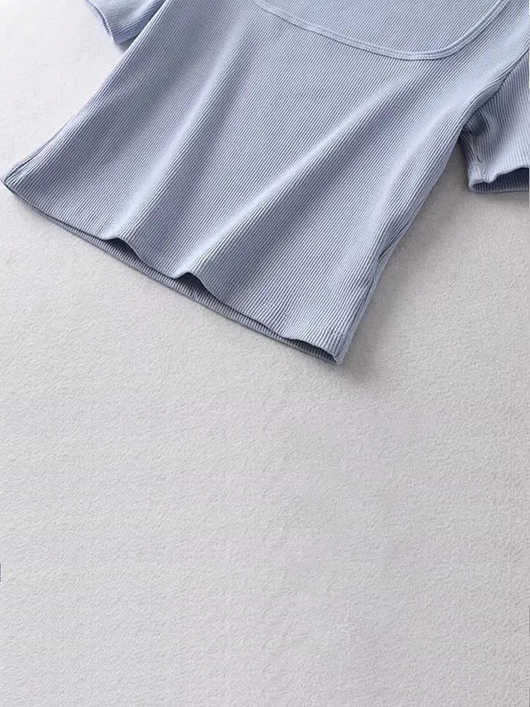 Women Square Neck Rib Crop T-shirt Short Sleeve Crop Top