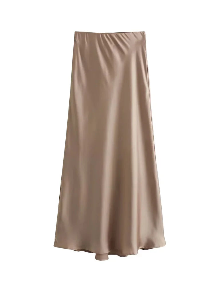 Summer Elegant Satin Midi Skirt – High Waist Office & Casual Style | Vivezzo