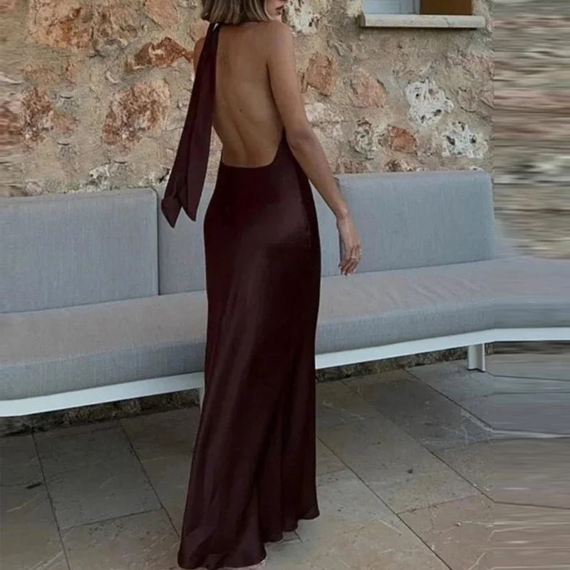 Satin Elegance – Backless Halter Evening Dress | Vivezzo