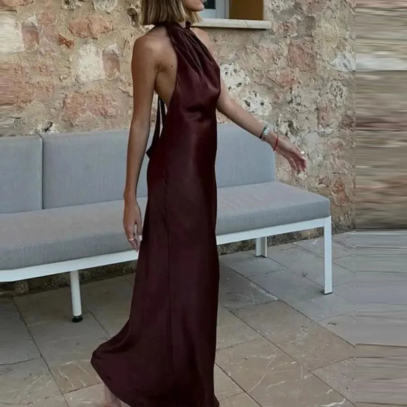 Satin Elegance – Backless Halter Evening Dress | Vivezzo