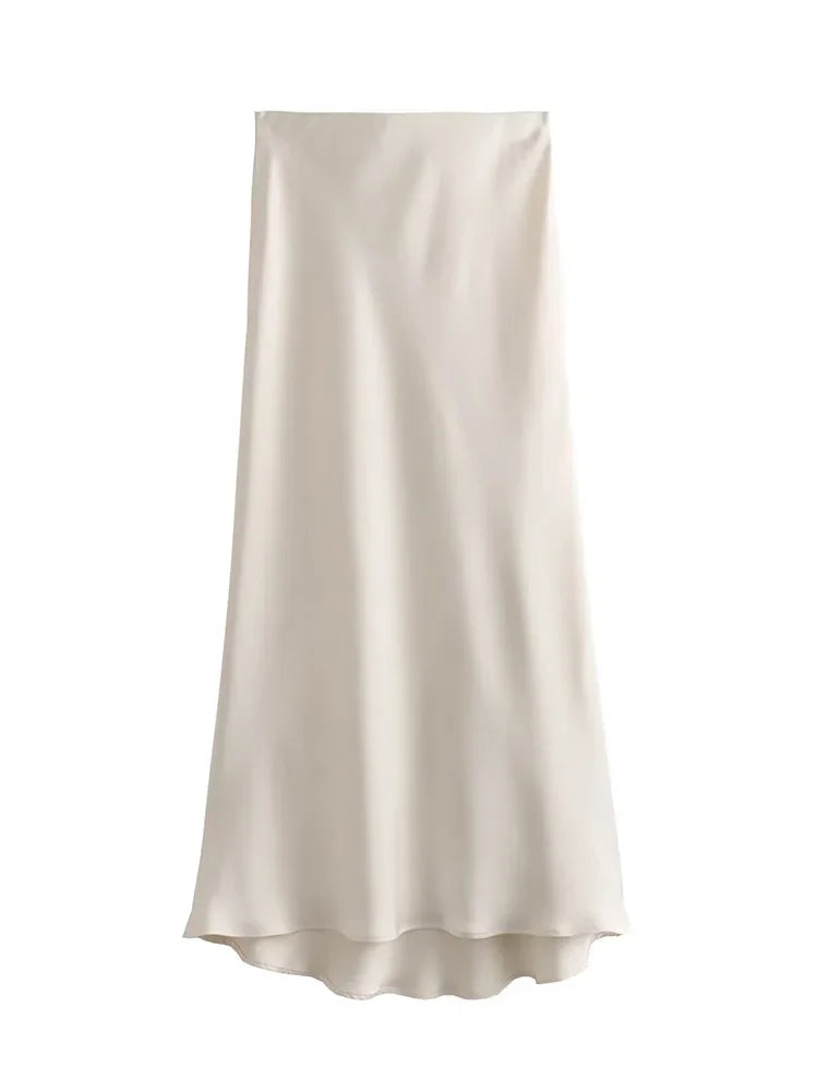 Summer Elegant Satin Midi Skirt – High Waist Office & Casual Style | Vivezzo