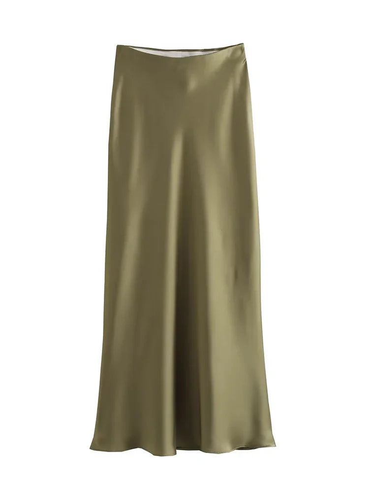 Summer Elegant Satin Midi Skirt – High Waist Office & Casual Style | Vivezzo