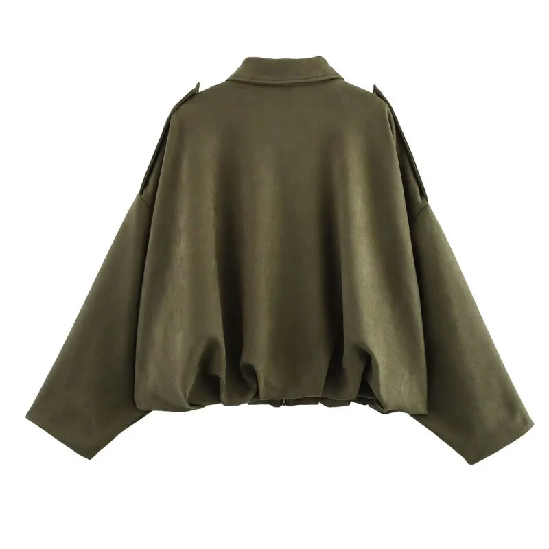 ETJ 2025 TRAF Spring new women's suede texture effect Loose version of fashion lapel shoulder bomber jacket