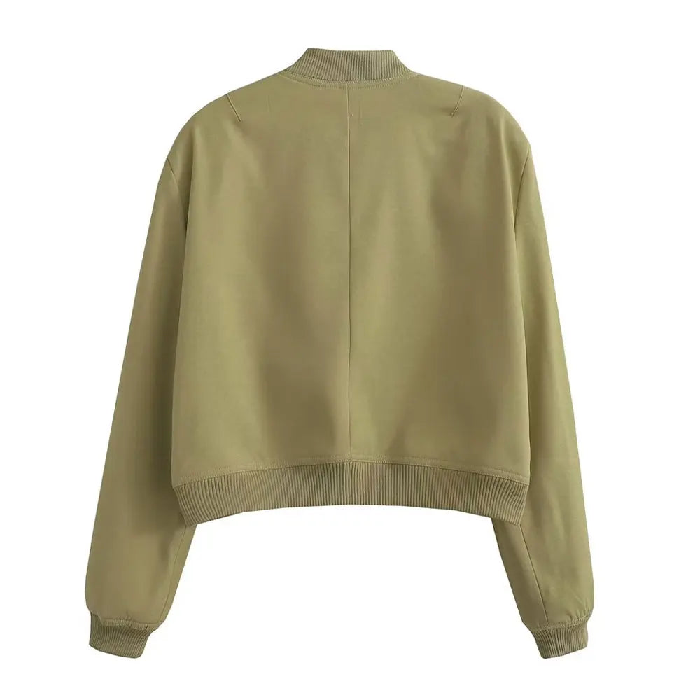 TRZA Women Fashion With Pockets Bomber Jacket Coats Vintage Long Sleeve Front Button Casual Female Outerwear Chic Tops