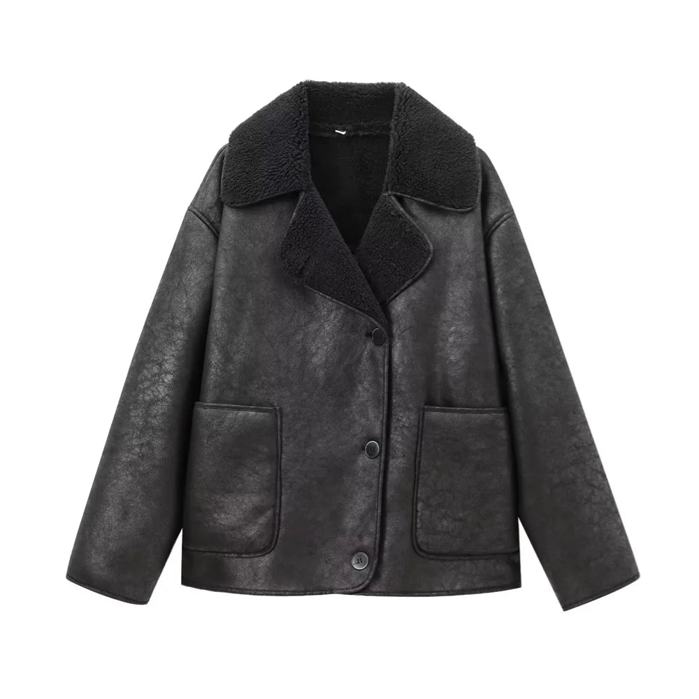 UNIZERA Pocket Decor Single breasted Warm Coat Autumn/Winter Fleece Collar Long Sleeve Women's Jacket Coat