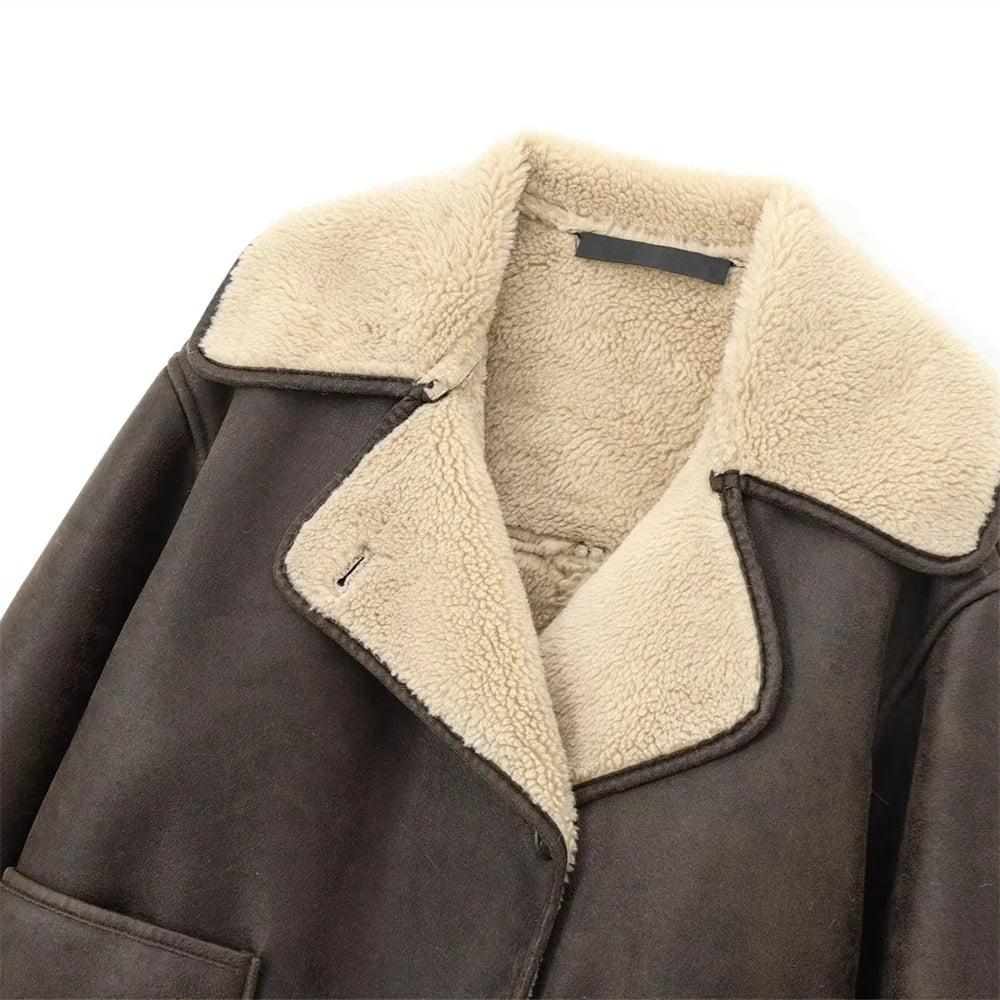 UNIZERA Pocket Decor Single breasted Warm Coat Autumn/Winter Fleece Collar Long Sleeve Women's Jacket Coat