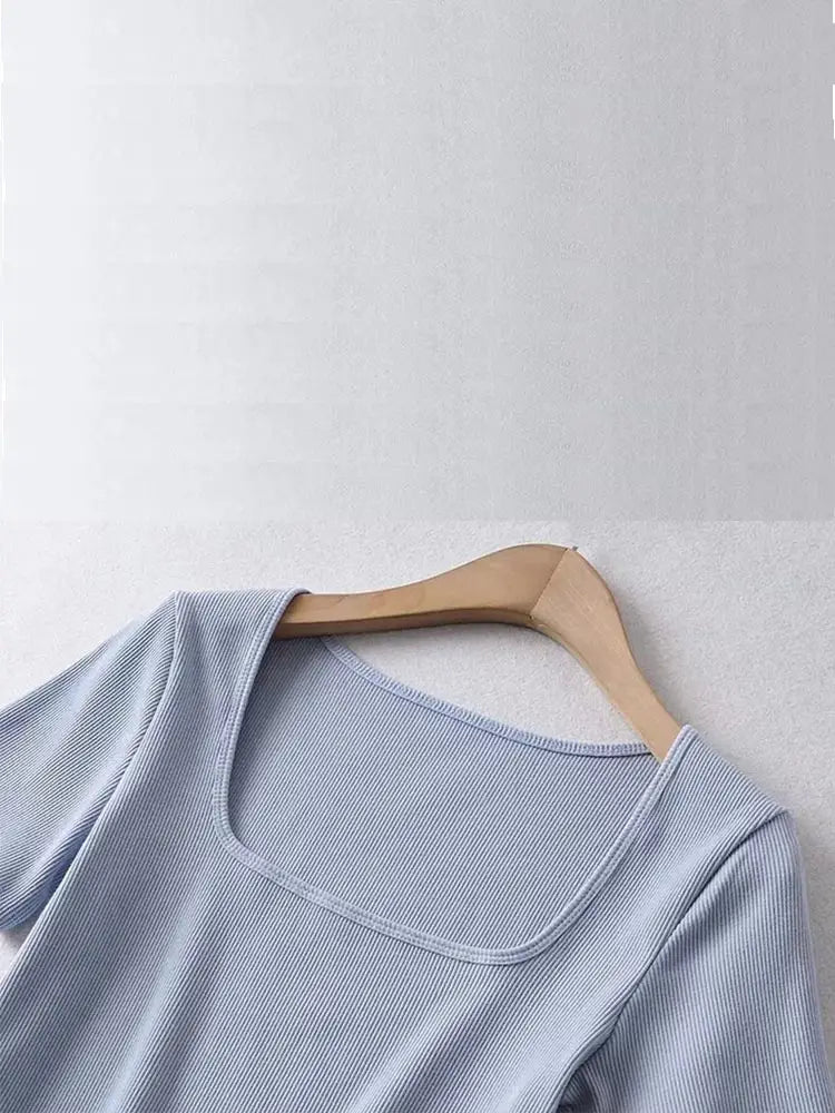 Women Square Neck Rib Crop T-shirt Short Sleeve Crop Top