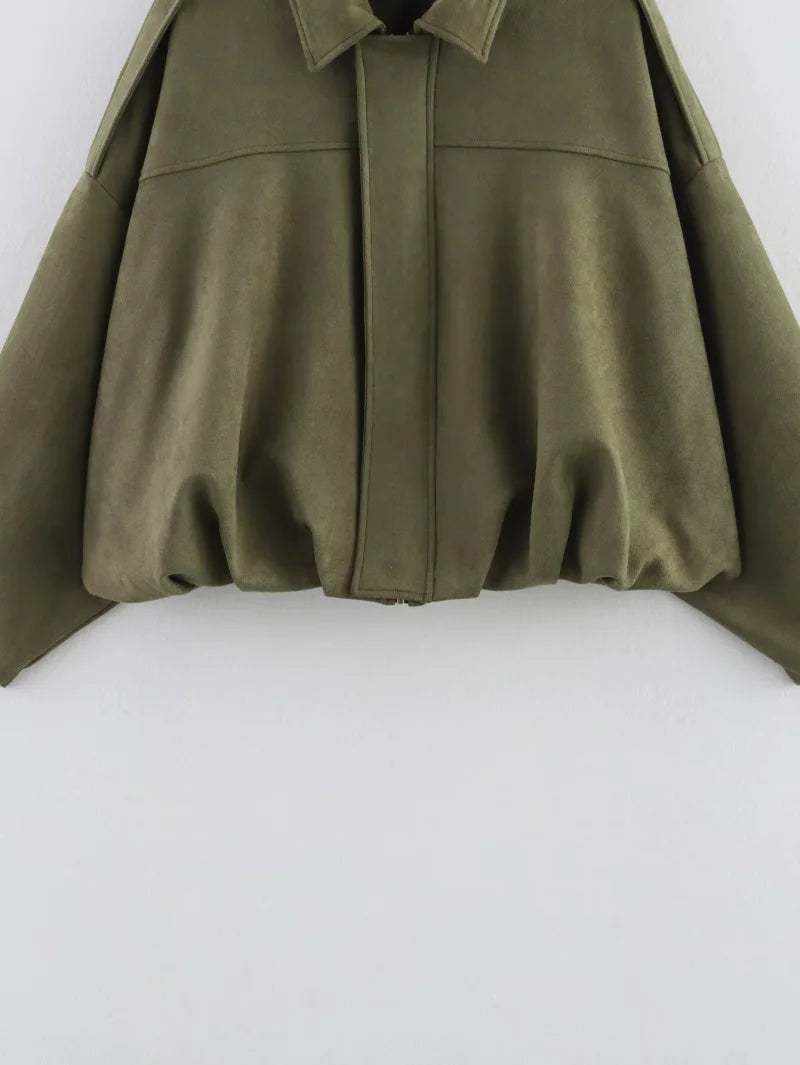 ETJ 2025 TRAF Spring new women's suede texture effect Loose version of fashion lapel shoulder bomber jacket