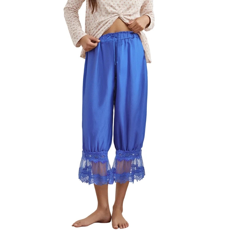 Combhasaki Women's Y2K Loose Fit Bloomers Cropped Pants Drawstring High Waist Floral Lace Patchwork Calf-Length Lantern Trousers