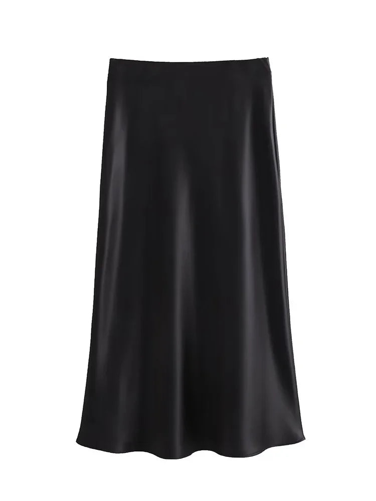 Summer Elegant Satin Midi Skirt – High Waist Office & Casual Style | Vivezzo