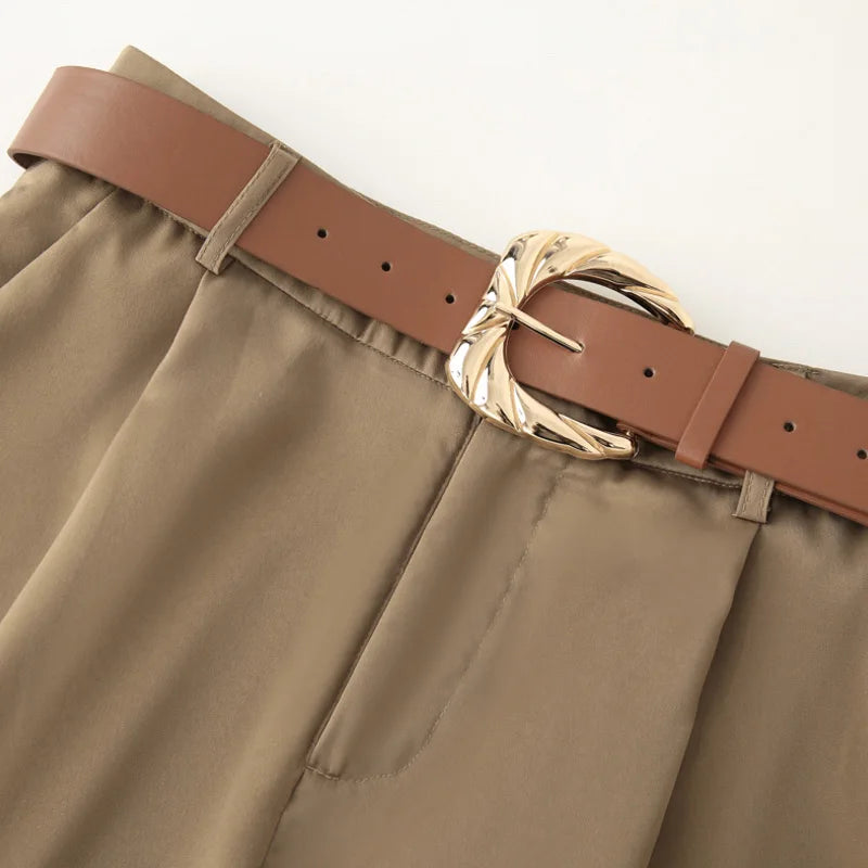 TRAF Baggy Wide Pants Woman 2025 Pleated Casual Long Pants For Women Spring Summer Oversize Wide Leg Pants Belt Office Trousers