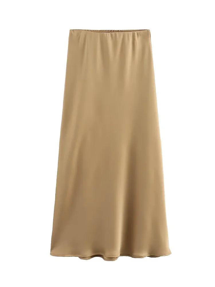 Summer Elegant Satin Midi Skirt – High Waist Office & Casual Style | Vivezzo